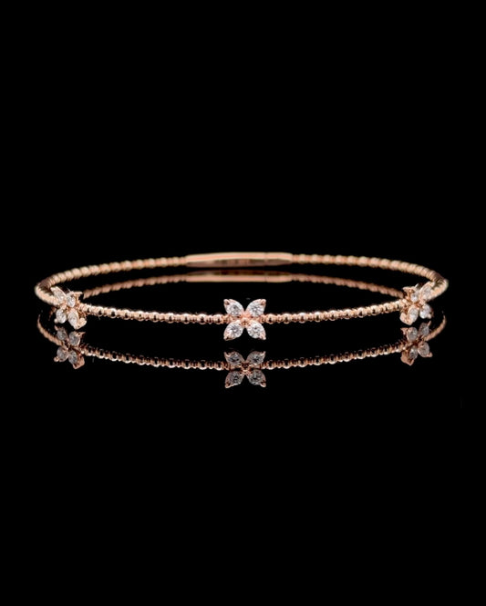 14K Gold Natural Diamond Flowery Flexible Bangle