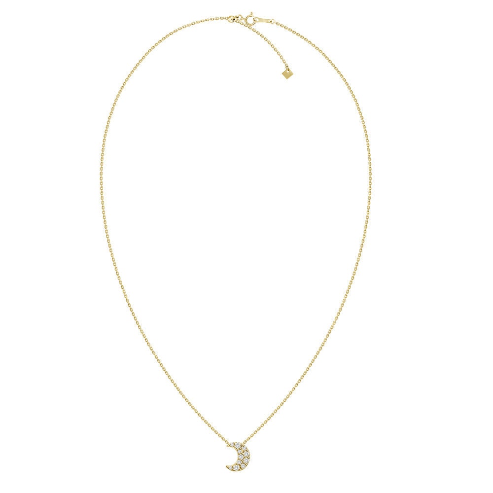 18K Gold Natural Diamond Crescent Half Moon Necklace