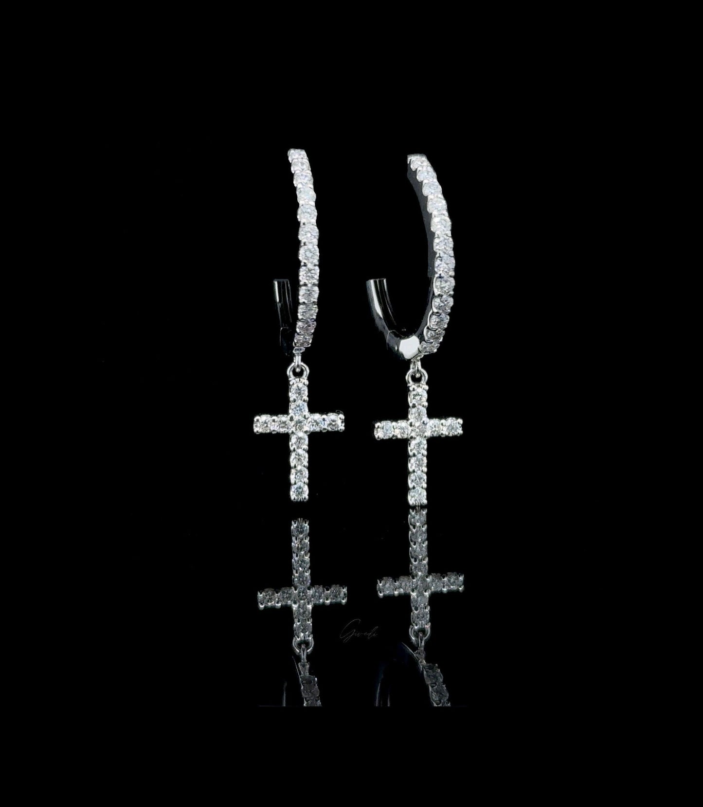 14K Gold Natural Diamond 1/2 CT Dangling Cross Huggies Earrings