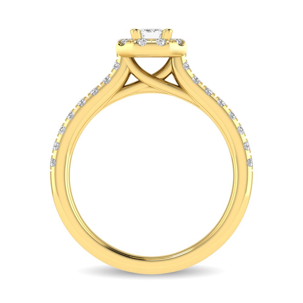 14K Yellow Gold 1CT Diamond Classic Shank Single Emerald Cut Halo Bridal Ring
