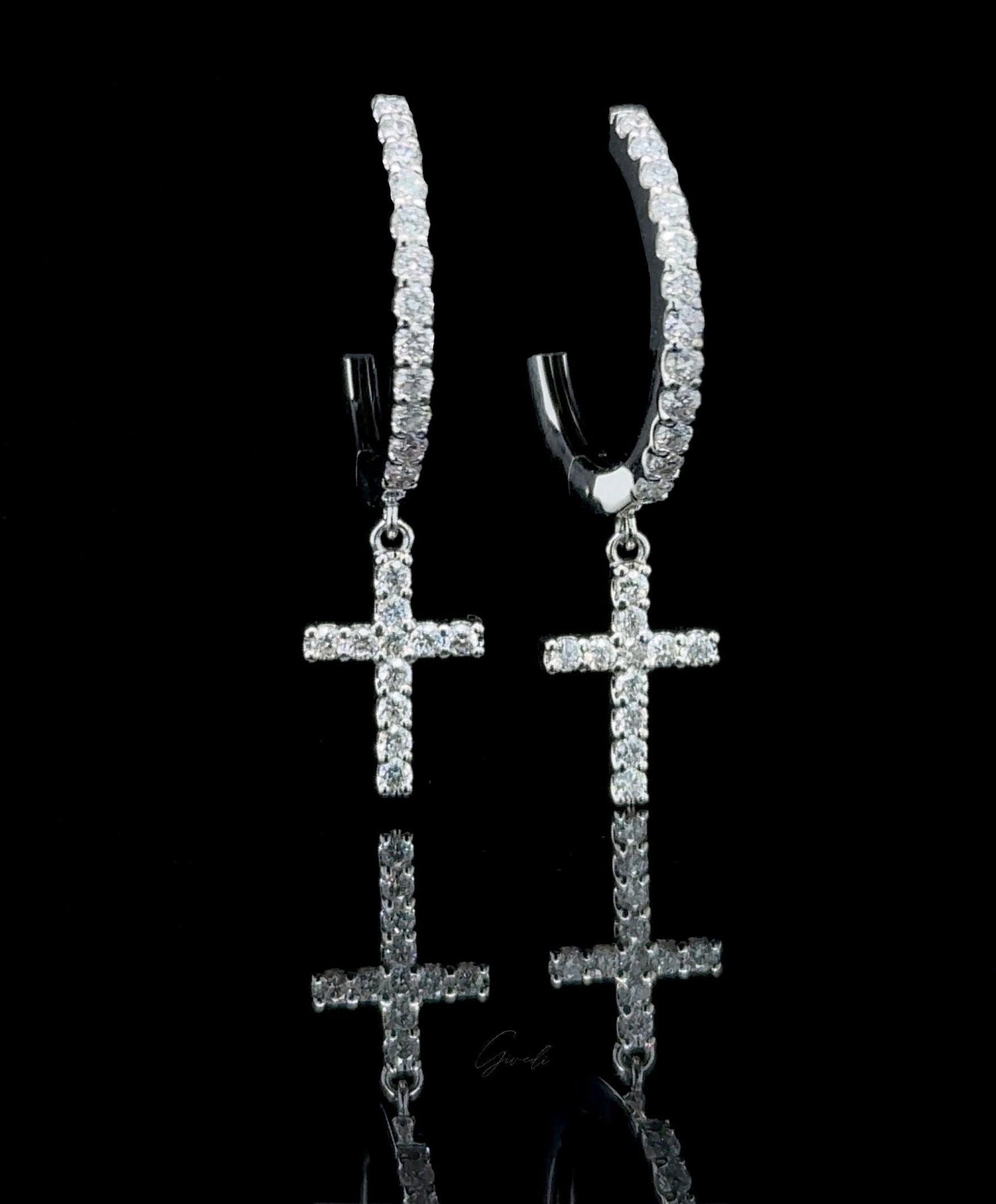 14K Gold Natural Diamond 1/2 CT Dangling Cross Huggies Earrings