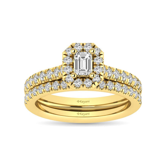 14K Yellow Gold 1CT Diamond Classic Shank Single Emerald Cut Halo Bridal Ring