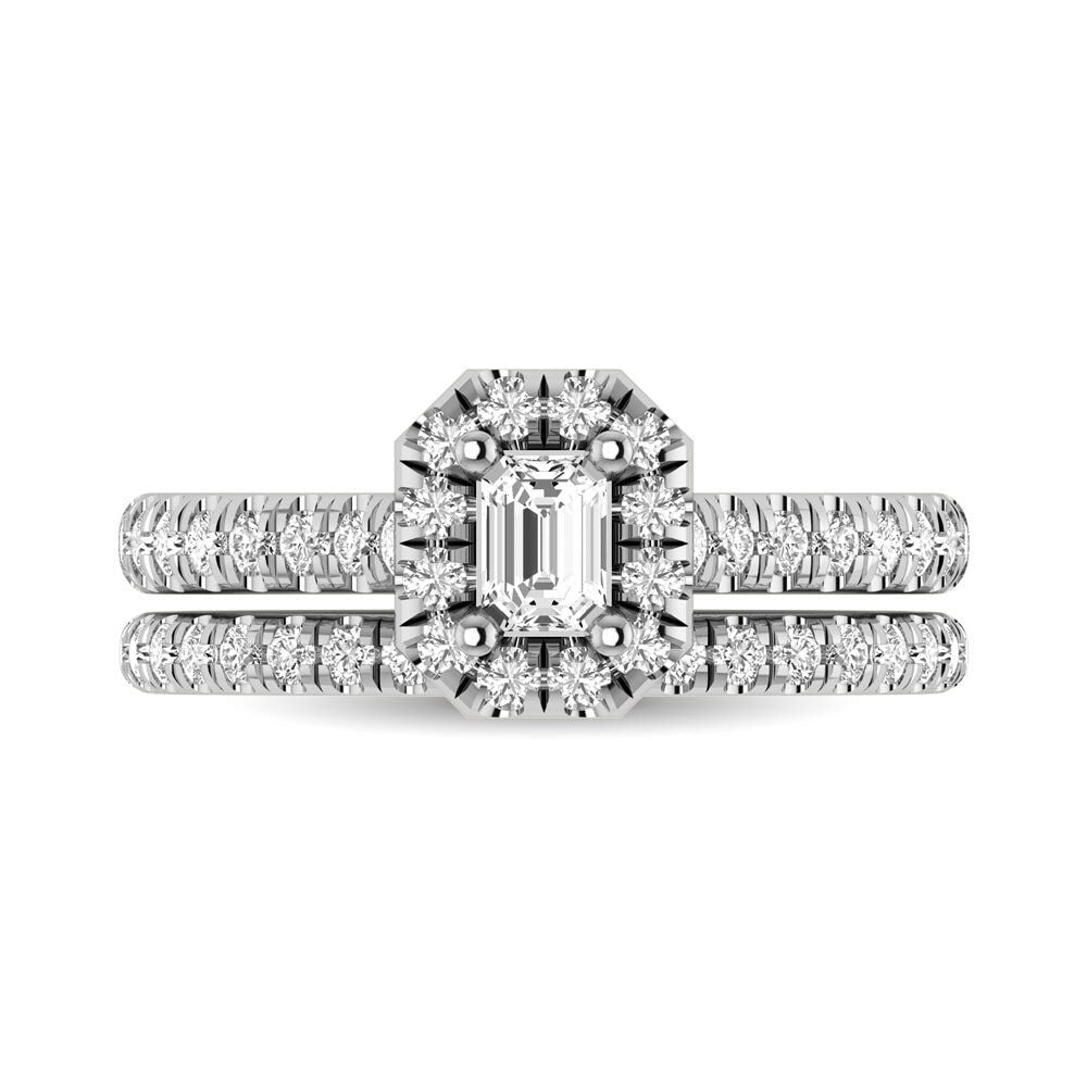14K White Gold 1CT Diamond Classic Shank Single Emerald Cut Halo Bridal Ring