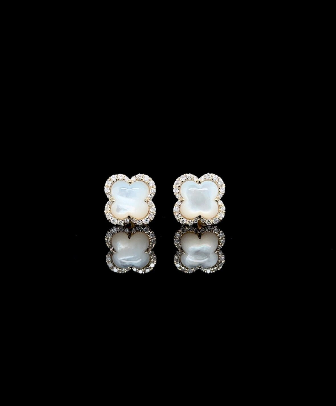 14K Gold Natural Diamond Mother Of Pearl Clover Earrings